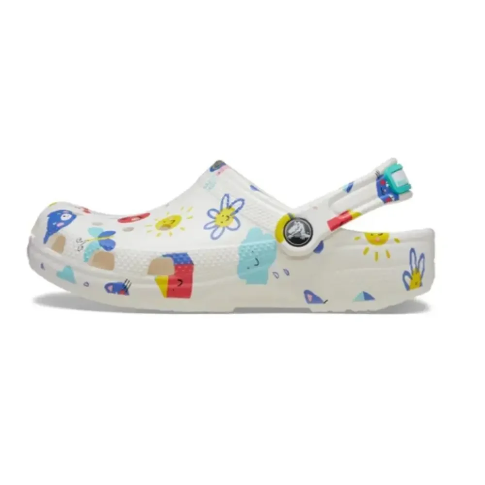 Crocs ﻿Kid's Junior White Multi Classic Doodle Print Clog Shoes Size 3